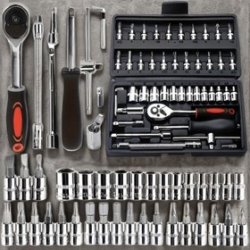 Resim 46 Parça Araba Tamir Aletleri Seti, Karbon Çelik Cırcır Anahtar Soketli Takım Kutusu, Dayanıklı Metal Ev Alet Kutusu, Makine Teknisyenleri ve DIY Tutkunları için Kapsamlı Kombinasyon 