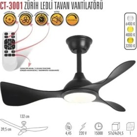 Resim Cata Zürih Ledli Tavan Vantilatörü 40W Aydınlatma 70W Fan Kumandalı Dekoratif 3 Kanat 
