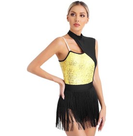 Resim Siyah Bayan Kolsuz Latin Dans Leotard Parlak Payetler Kontrast Renk Saçaklı Bodysuit Dans Partisi Sahne Performansı İçin 