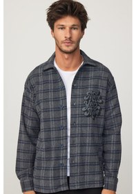 Resim Tudors Relax Fit Kışlık Kareli Baskılı Fleto Cep Salaş Oduncu Gri-füme Erkek Gömlek-29787-multi Çok Renkli 