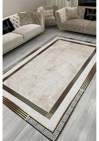 Resim Modern Desenlerde Kadife Dokulu Lastikli Kaymaz Sünger Tabanlı Halı Örtüsü Beej Kahve 300 400 Bej 