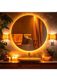 Resim Swirl Amber Led'li Lazer Kumlamalı Lavabo & Banyo Aynası Dokunmatik Sensörlü 70 X 70 Turuncu 