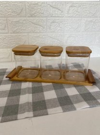 Resim 3 Lü Bambu Standlı Kare Kavanoz Seti Baharatlık Seti Baharatlık Bambu 