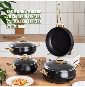 Resim Lines L-5094 Yonca Güveç 7 Parça Tencere Seti - Siyah Altın Kulp 