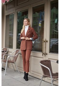 Resim Yakalı Cepli Uzun Kol Kolu İsterse Katlanabilen Kumaş Blazer Ofis Ceket-koyu Taba K.taba 