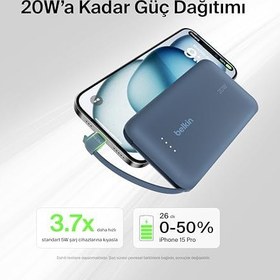Resim Belkin BoostCharge Power Bank, Entegre Kablolu Taşınabilir Şarj Cihazı 10K PD 20W - USB-C Güç Dağıtımı, iPhone Power Bank iPhone 16 Serisi, iPad Pro, Galaxy S24 ve Daha Fazlası için Hızlı Şarj 