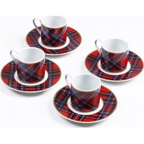 Resim Zm Decor Ekose Kırmızı Türk Kahve Fincanı 4'Lü Set&Hediye Kutulu 