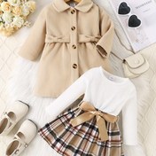 Resim P100935 Kızların Kurdele Kemerli Ekose Tulumu + Elbise + 3 Parça Set, Dış Mekanlar İçin Mükemmel 