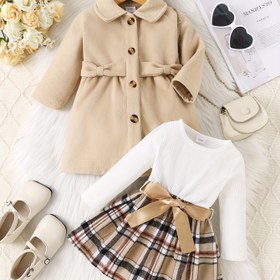 Resim P100935 Kızların Kurdele Kemerli Ekose Tulumu + Elbise + 3 Parça Set, Dış Mekanlar İçin Mükemmel 