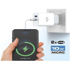 Resim Linktech C203 Çift Usb Çıkışlı Micro Usb Kablolu 10w 2.1a Şarj Aleti Beyaz 