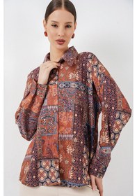 Resim Bigdart Kadın Oversize Desenli Saten Gömlek 20365 - Kiremit KİREMİT 