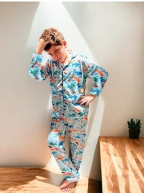 Resim Lolliboomkids Yeni Sezon Erkek Çocuk Düğmeli Gömlek Yaka Pijama Takımı Shark / Deniz Canlıları Desenli Mavi 
