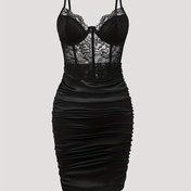 Resim Şık Siyah ve Pembe Çiçekli Dantel Süslemeli Vücuda Oturan Mini Elbise - Buruşuk, Kolsuz, Kalp Yaka, Esnek Polyester Karışımı Kadınlar İçin 