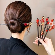 Resim 2 adet Antika Şık Kırmızı Çiçek Ahşap Saç Takan, Çin Romantik Saç Aksesuarları ile Püskül, Parlak Renk Baskı, Büyük Ebeveynler Günü ve Noel Tatili Hediyesi için İdeal 