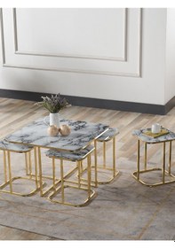 Resim Pelikan 4+1 Beyaz Mermer Temperli Cam Gold Metal Ayak Takım Sehpa Sedaş Living Units Sehpa 