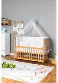 Resim Ahşap Beşik Anne Yanı Beşik Vernikli 70x130 - Beyaz Güpür Uyku Seti + Yataklı Ahşap 