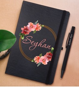 Resim Bk Gift Gift Kişiye Özel Çiçek Tasarımlı Siyah Defter Ve Metal Versatil Kalem(0,7 Kurşun) Seti-18 