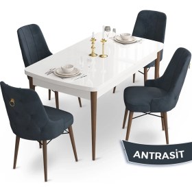 Resim Canisa Concept Taç Serisi, 80X132 Beyaz Masa Ceviz Ayak Mutfak Masası Takımı, 4 Sandalye Gold Halkalı 