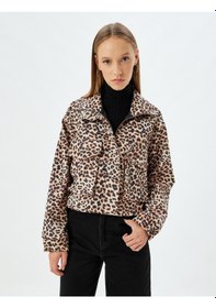Resim Koton Crop Yağmurluk Dik Yaka Fermuarlı Cep Detaylı Su Geçirmez Leopar Desenli 5wal20161ıw Kahverengi Kahverengi 