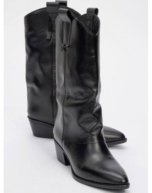 Resim Sojo Siyah Cilt Hakiki Deri Kalın Topuklu Kısa Çizme Siyah Mat 