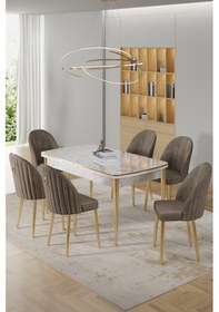 Resim Canisa Rada Serisi 80x132 Açılabilir Lak Panel Beyaz Mermer Desen Masa 6 Cappucino Sandalye Gold Detay Masa Beyaz Mermer Desen Sandalye Cappucino 
