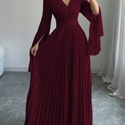 Resim Kadınlar için şık uzun kollu plise maxi elbise - V-yaka, yüksek düşük hem, ruched gövde, hafif polyester, bahar/yaz için mükemmel, şık etkinlik giyimi | V-yaka elbise | Ruched detaylandırma 