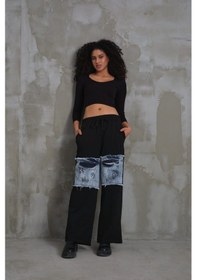 Resim 023 Kadın Cepli Bol Paça Penye Kot Denim Pantolon Beyaz 