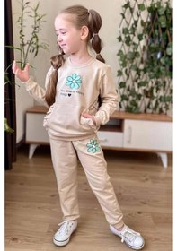 Resim Riccotarz Kız Çocuk Göğsünde Papatya Ve Kanguru Fırfır Cep Detaylı Sweat Bej Eşofman Takım Bej 