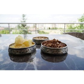 Resim Bakır Çerezlik Oyma Nakışlı 3'lü Mat Gümüş Renk 