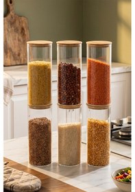 Resim Porsima 3-3 Bambu Vakumlu Kapaklı Yuvarlak Cam 6lı Kavanoz Seti Saklama Kabı 1650ml 10x25cm Cam - Şeffaf 