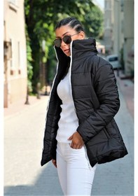 Resim Keyifli Moda Kadın Siyah Dik Yaka Su Geçirmez Uzun Şişme Mont 