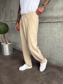 Resim Bej Pileli Modal Kumaş Baggy Pantolon - XL 