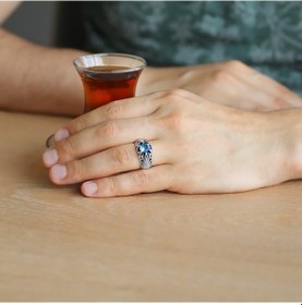 Resim Mavi Zirkon Taşlı Minimal Tasarım 925 Ayar Gümüş Erkek Yüzük (393309244) 