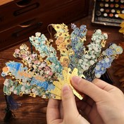 Resim 1 adet Van Gogh ilhamlı altın delikli metal kitabın işareti - Tülü ile sanatsal yağlı boyama tasarımı, kitap severleri, yazarları, okuyucuları, okulları ve ofisleri için 8 farklı pencere şekli 