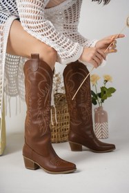 Resim Favi Ayakkabı Taba Cilt Burnu Ve Yanları Nakış Işlemeli Kovboy Tarzı Çizme 
