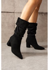 Resim Shoetek Lasmina Kadın Bot Kalın Topuklu Körüklü Siyah Süet Siyah Suet 