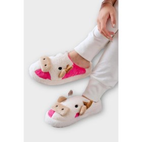 Resim Liger Inek Figürlü Nakışlı Kaydırmaz Taban Kışlık Unisex Ev Terliği Beyaz - Fuşya 
