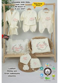 Resim Gros Shop Müslin Yeni Doğan 4katlı Organik %100pamuk Kişiye Özgü Nakışlı Hastane Çıkış Seti Çiçek Model-2 Ekru 
