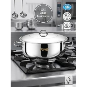 Resim Fms 34 Cm Lüks Basık Çelik Tencere | 11,80 L | 18/10 Paslanmaz | İndüksiyon Taban | 