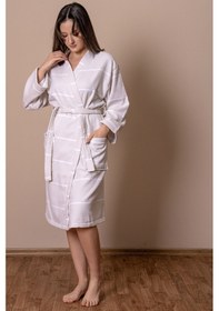 Resim Varol İhracat Fazlası Stok Pamuklu Çizgili Peştamal Bornoz Hafif Dokuma Unisex Standart Beden Krem 