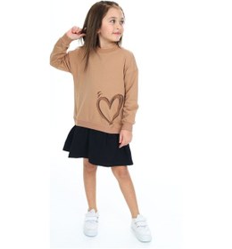 Resim Toontoy Kız Çocuk Eteği Kadife Kalp Baskılı Elbise Kahverengi 