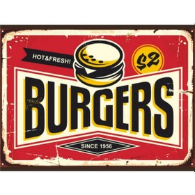 Resim Retro Burger Temalı Ahşap Poster Tablo Vintage Fast Food Duvar Dekoru 