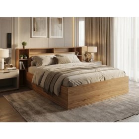 Resim Mukotoys Story Wood Kitaplıklı Karyola 150X200 | 1. Sınıf Mdf Ceviz Görünümlü | Raflı Başlık ve Karyola Seti 
