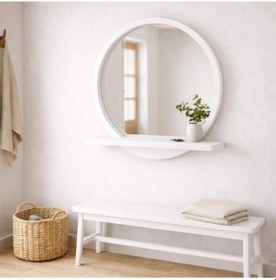 Resim 30x30 Cm Raflı Masif Kayın Ağacı Yuvarlak Ayna İskandinav Tarzı Antre Ve Banyo Aynası Beyaz 