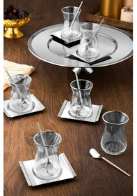 Resim Tiamo Mios 18 Parça Çay Seti 6 Kişilik 18/10 Cr-ni Paslanmaz Çelik & Cam Çay Takımı Platin - Şeffaf 