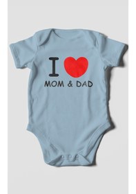 Resim I Love Mom And Dad Baskılı Bebek Zıbını Çıtçıtlı Body %100 Pamuk Kısa Kol Bebe Mavisi 