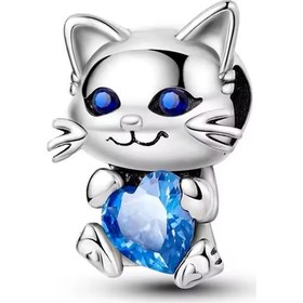 Resim Mavi Taşlı Kedi Gümüş Charm 
