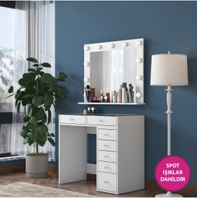 Resim Rani Mobilya Rani Bj117 Hollywood Işıklı Aynalı Kulis Makyaj Masası Cam Tablalı Takı Düzenleyici Beyaz 
