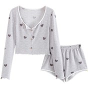 Resim Kadınlar için Uzun Kollu Şortlu Moda Yumuşak Pijama Takımı, 2 Parça 