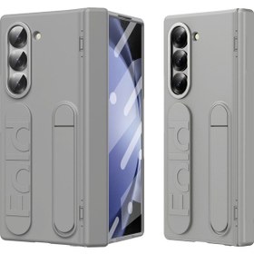 Resim Samsung Galaxy Uyumlu Z Fold5 5g İçin Kickstand Bileklik Pc Telefon Kılıfı, Temperli Cam Filmli - Gri Gri 